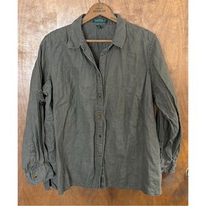 Lauren Ralph Lauren Olive Green 100% Linen Logo Button Down Shirt 1X Boho Resort